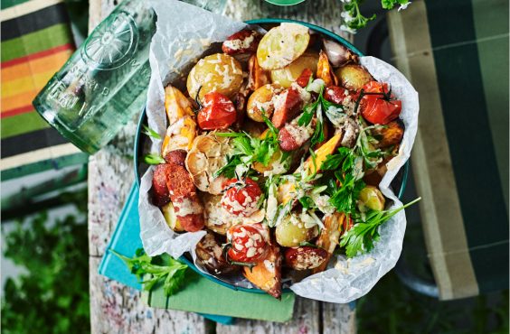 Potato & chorizo salad with roast tomato dressings