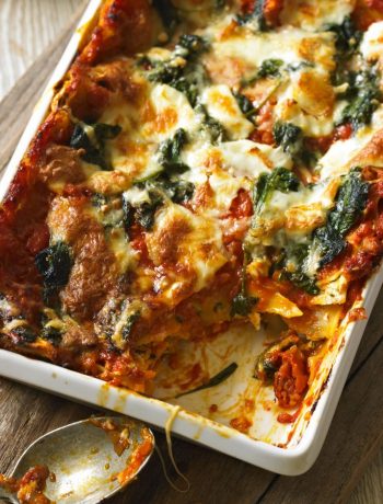 Tomato, spinach and three-cheese lasagne