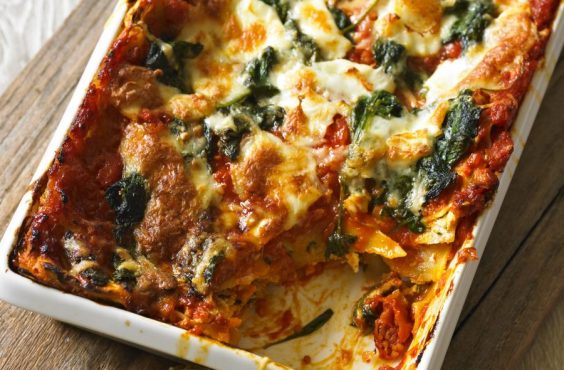 Tomato, spinach and three-cheese lasagne