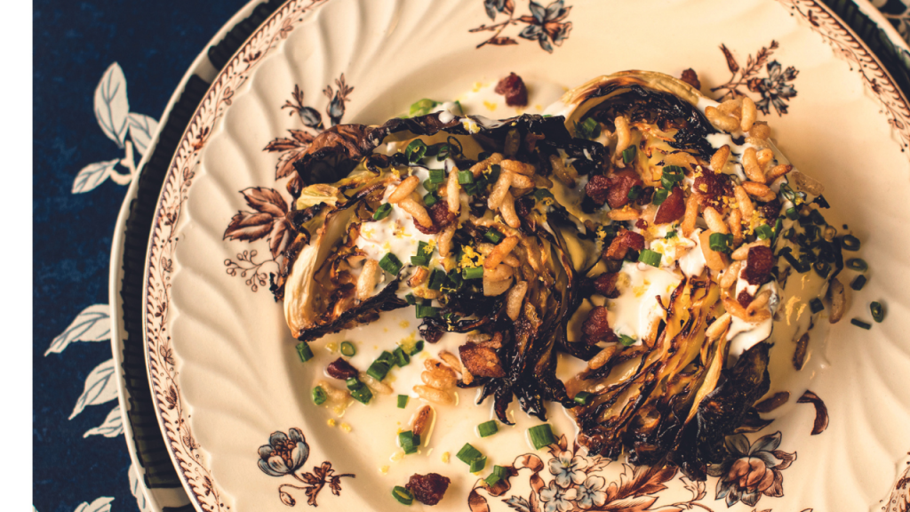 caramelised cabbage wedges with buttermilk dressing, chives & fatty crispy puffed rice