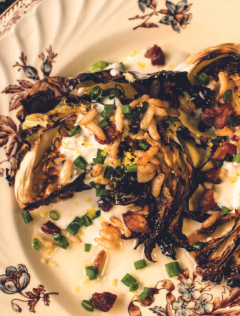 caramelised cabbage wedges with buttermilk dressing, chives & fatty crispy puffed rice