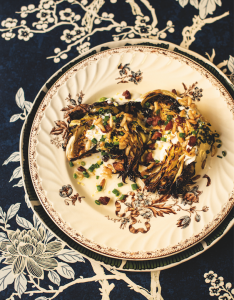 Caramelised cabbage wedges with buttermilk dressing, chives & fatty crispy puffed rice
