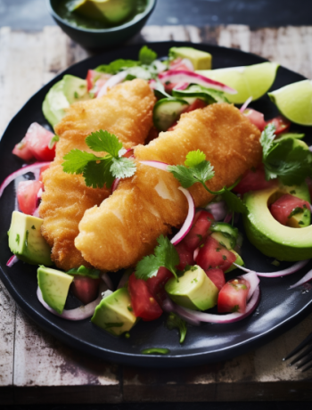 Crispy battered fish with watermelon and avocado salad