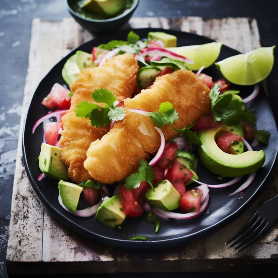 Crispy battered fish with watermelon and avocado salad