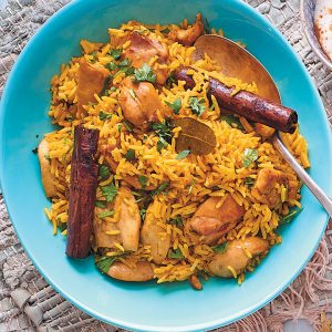 Chicken biryani with cumin yoghurt