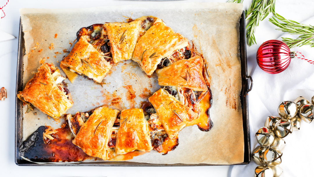Cranberry, walnut and brie Christmas pastry wreath