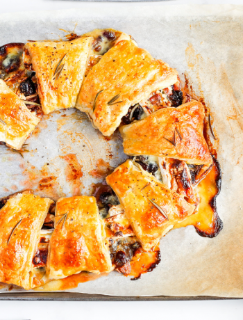 Cranberry, walnut and brie Christmas pastry wreath