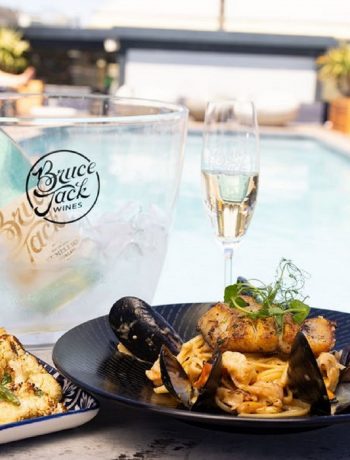 Bruce Jack Bumble Bee Moscato with Seafood on the pool deck at Jack@SKYE Rooftop Bar