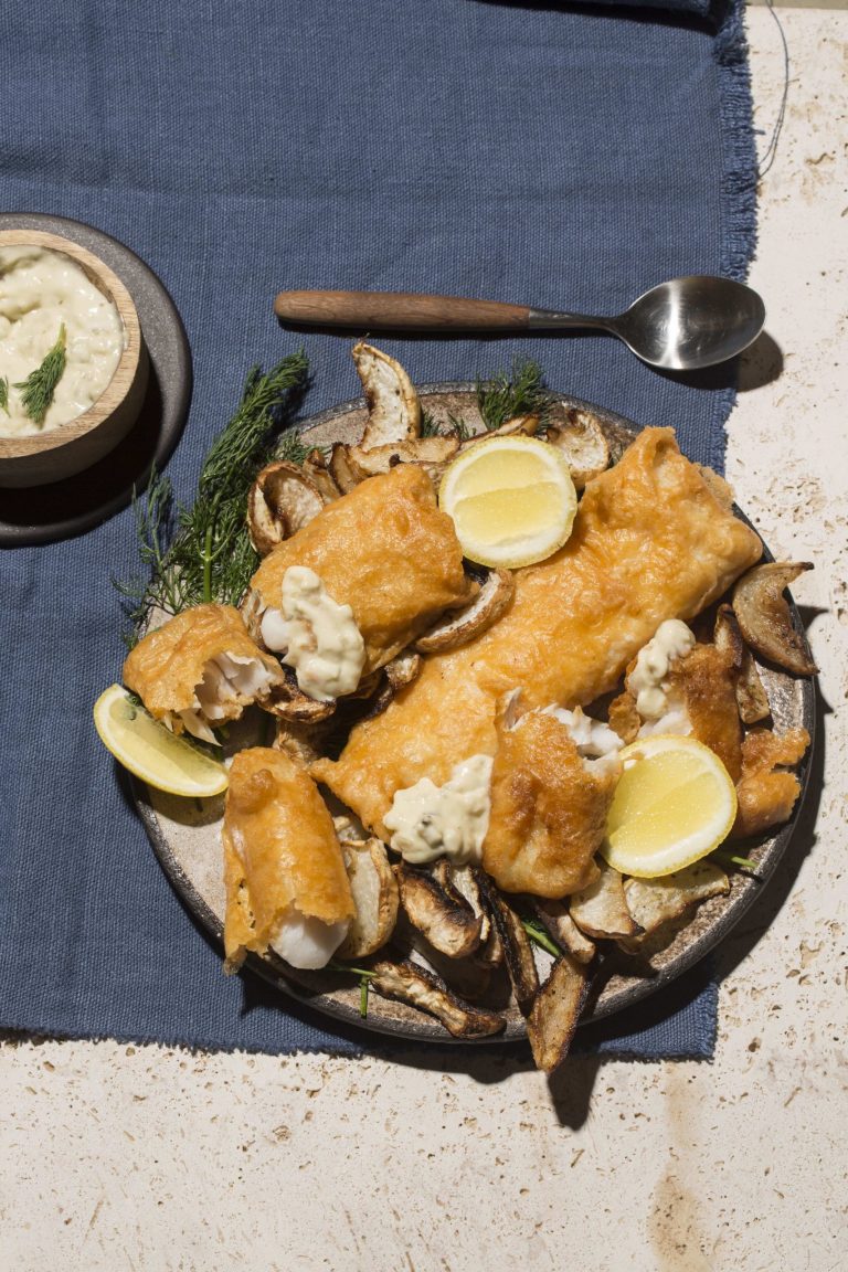 Paprika-battered fish and turnip chips