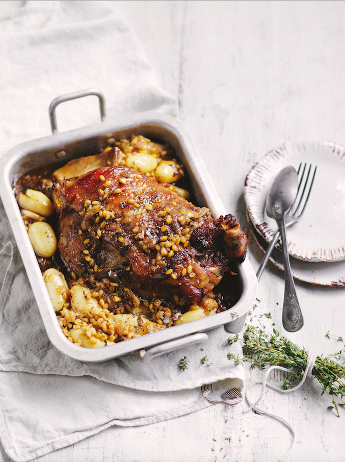 slow-cooked lamb shoulder with stout and farro