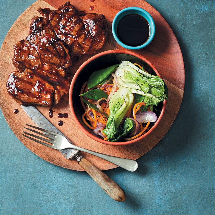 teriyaki rib-eye pork steaks with air-fried vegetables