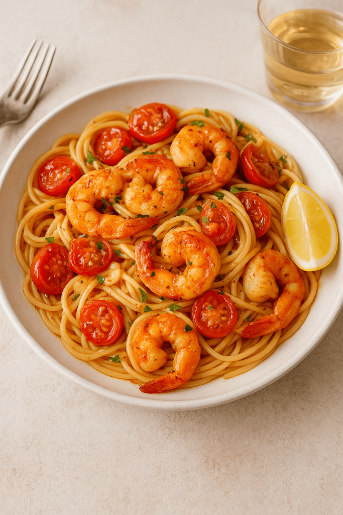 Spaghetti with pan-fried prawns and tomatoes
