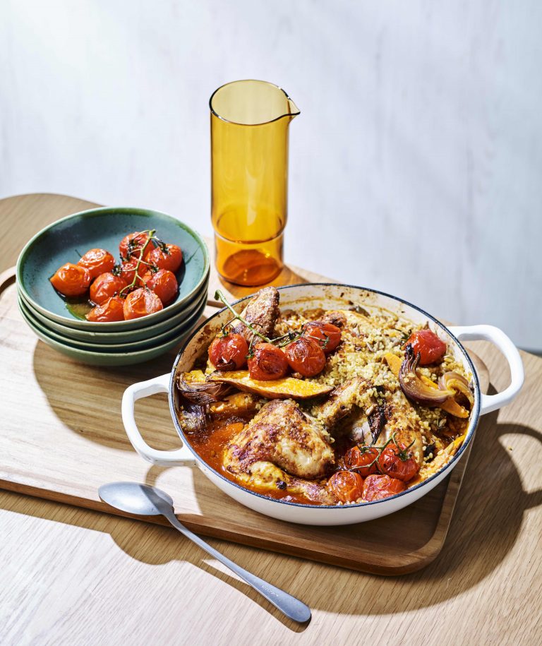 harissa chicken bake with bulgar wheat