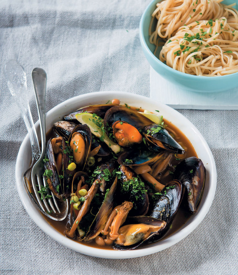 mussels steamed in Asian miso broth