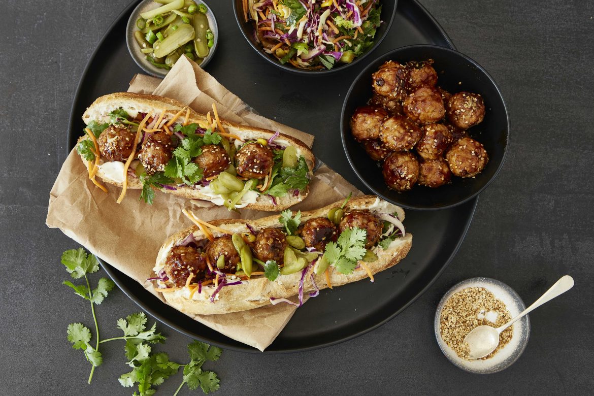 Pork meatball sub with tomato relish and pesto