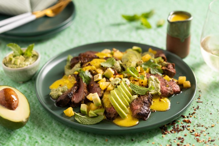 Amasi Marinated Ostrich Steak with Fruity Avo Mint Pesto