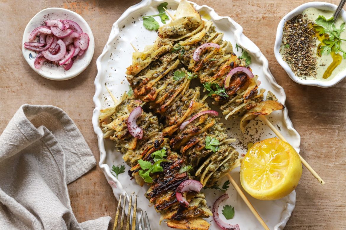 Crispy pork tortilla kebabs with jalapeño herb sauce SA Pork