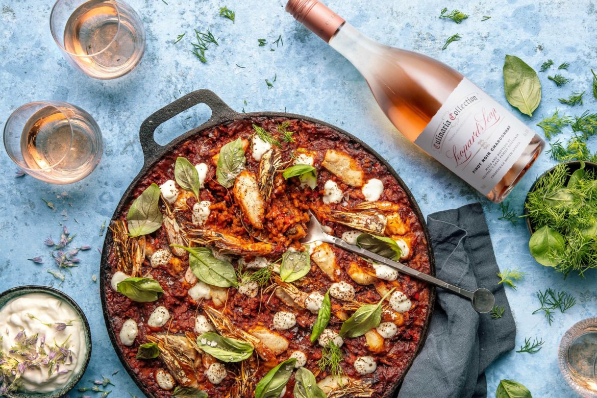 Leopard’s Leap Paella with prawns, hake, yoghurt and fresh basil Leopard's leap