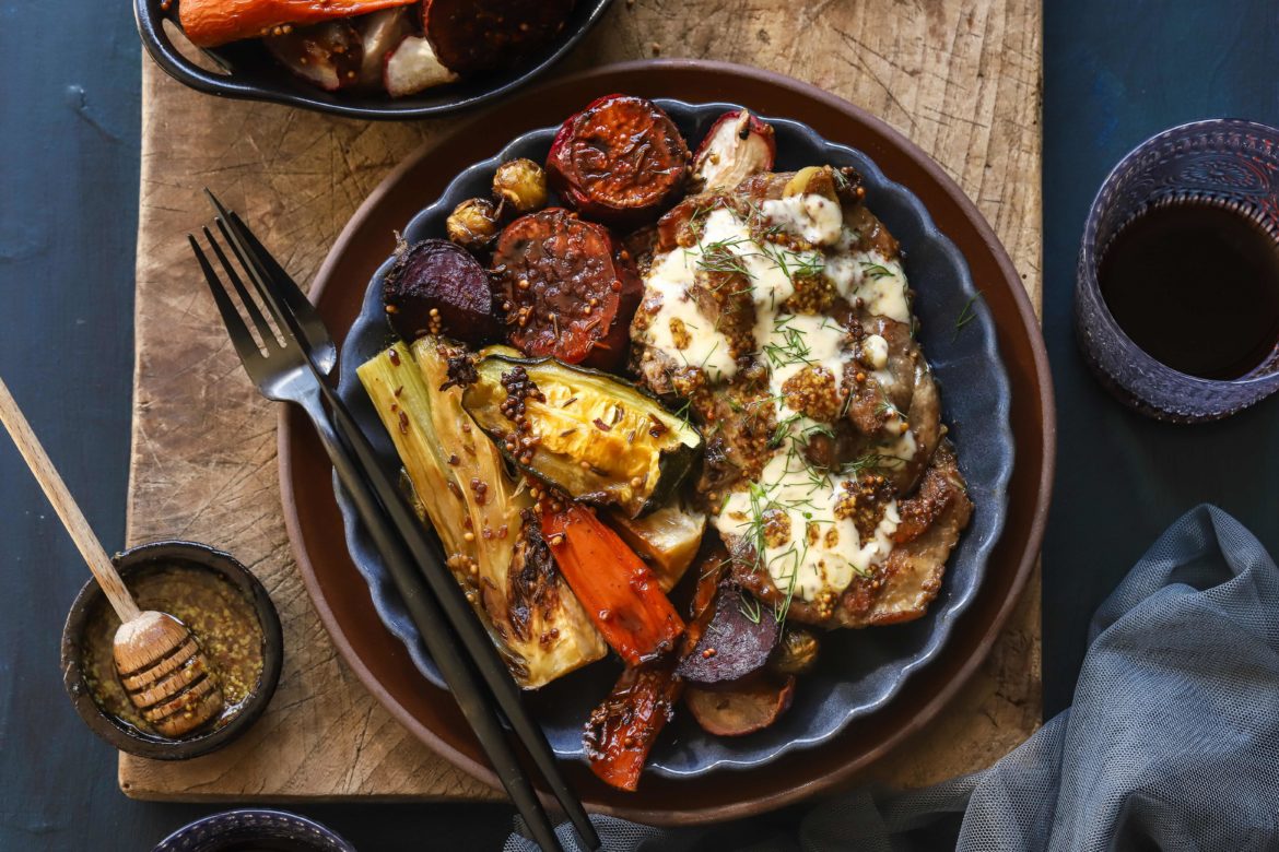 Honey and mustard pork neck steaks with fragrant root vegetables SA Pork