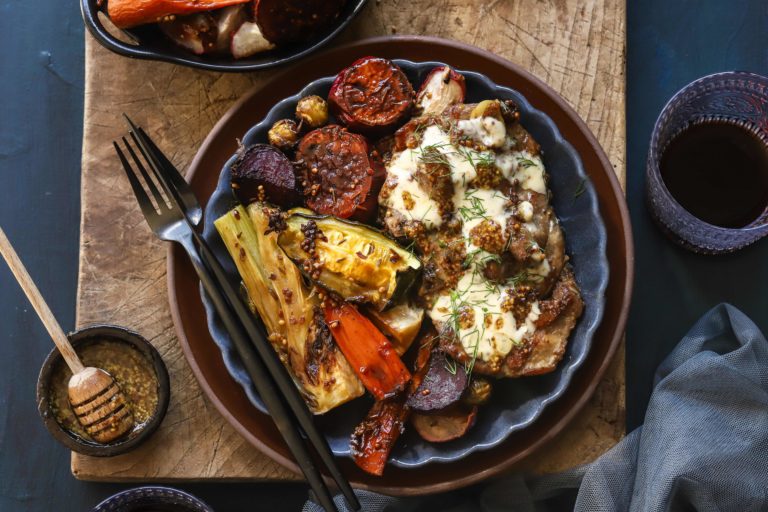 Honey and mustard pork neck steaks with fragrant root vegetables SA Pork