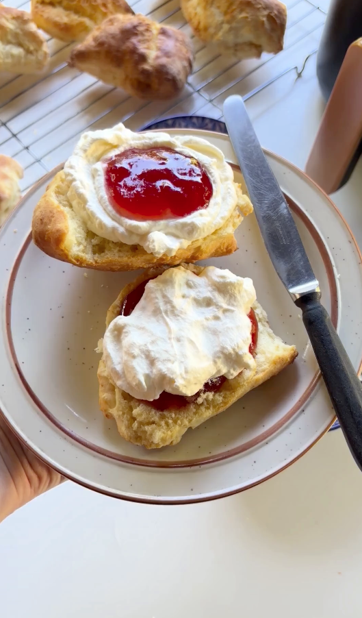Air fryer scones with strawberry jam and whipped cream Air fryer scones with strawberry jam and whipped cream